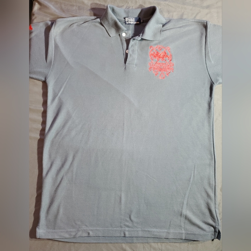 Ralph Lauren XXL Triple Pony Horse Racing Embroidered Gray Polo with Red Logo #5